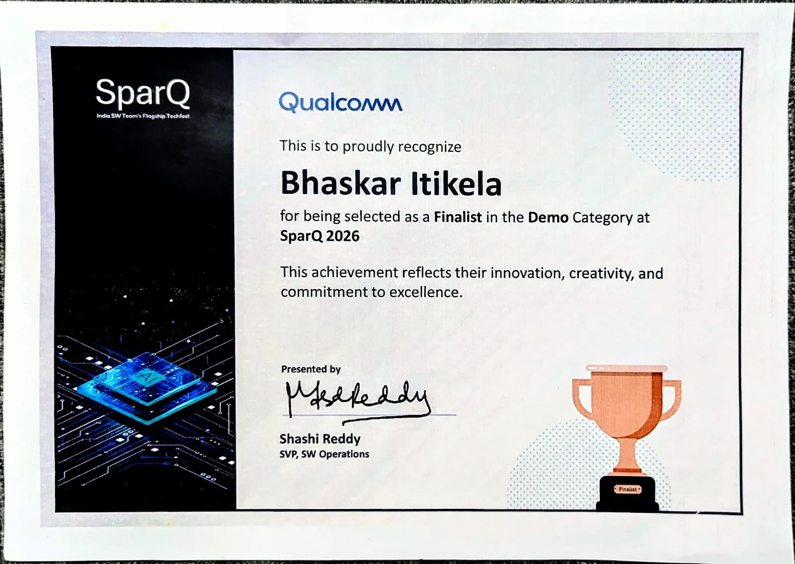 Finalist — Demo Category, SparQ 2026 — Qualcomm certificate